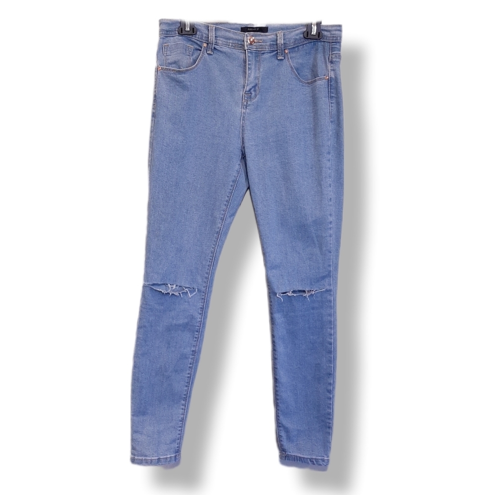 Forever 21 Ripped Knee Skinny Jeans Blue Destroyed High Rise Denim Size 28
